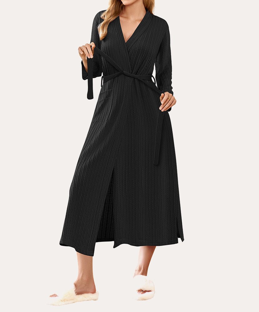 Lightweight long waffle robe, black, V-neck with waist tie belt and long sleeves.
