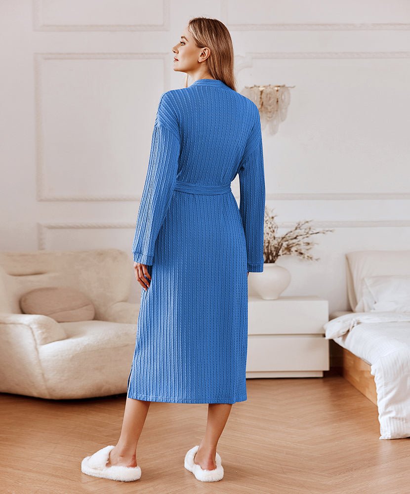 Lightweight long waffle robe, blue, waist tie belt, long sleeves, V-neck, back view.