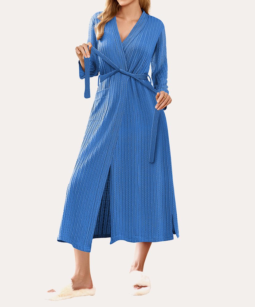 Lightweight long waffle robe, blue waffle knit, V-neck with waist tie belt.