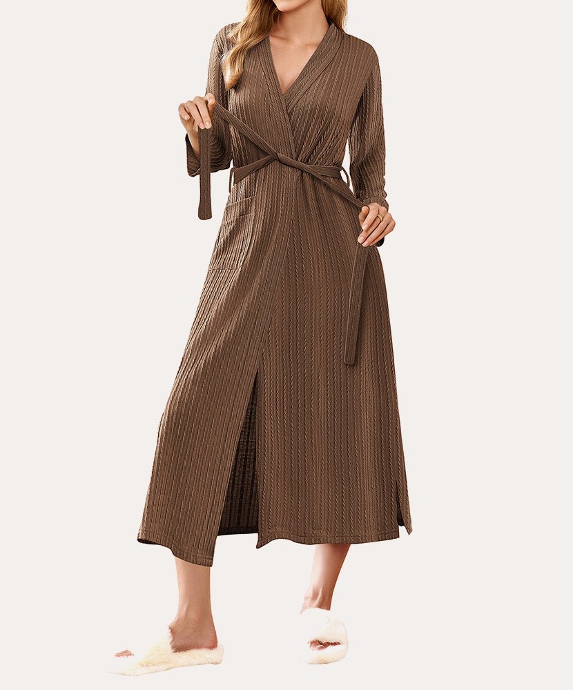 Lightweight long waffle robe, brown, V-neck with waist tie belt and long sleeves.