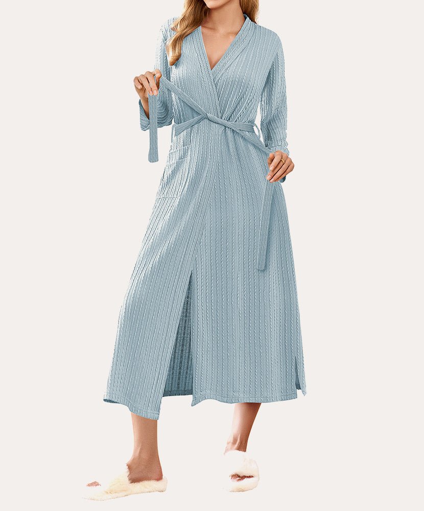 Lightweight long waffle robe, light blue, V-neck with waist tie belt and long sleeves.
