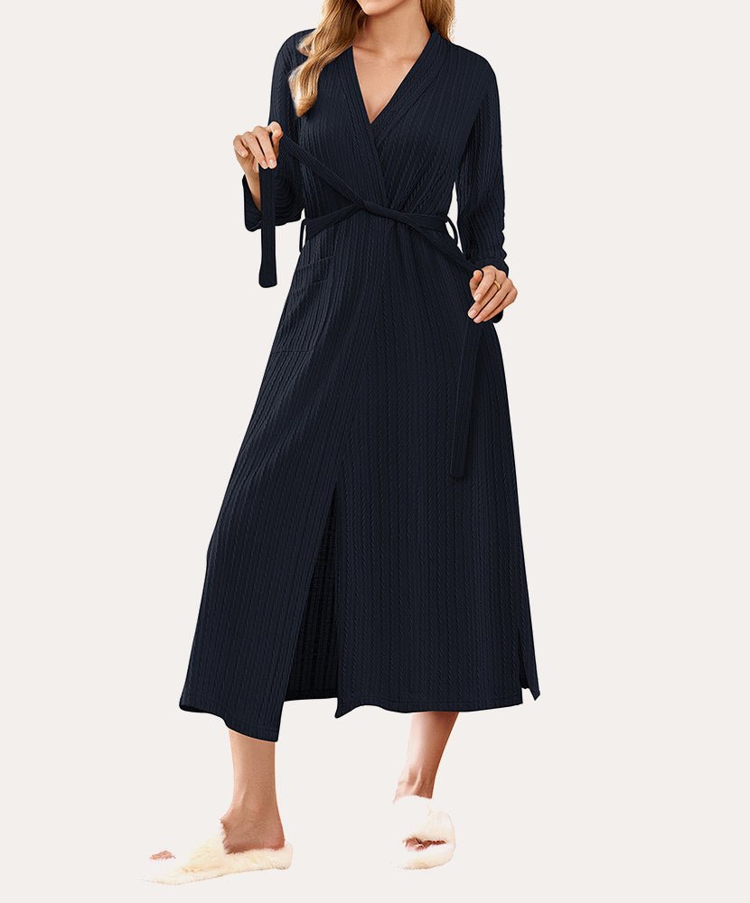 Lightweight long waffle robe, dark navy, V-neck with waist tie belt and long sleeves.