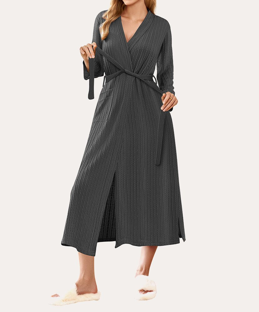 Lightweight long waffle robe in dark gray with V-neck and tie belt