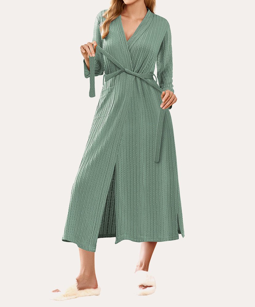 Lightweight long waffle robe in mint green with V-neck and tie belt