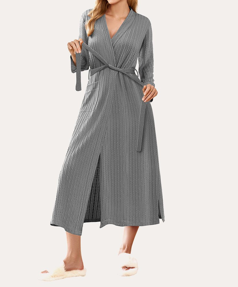 Lightweight long waffle robe in medium gray with V-neck and tie belt