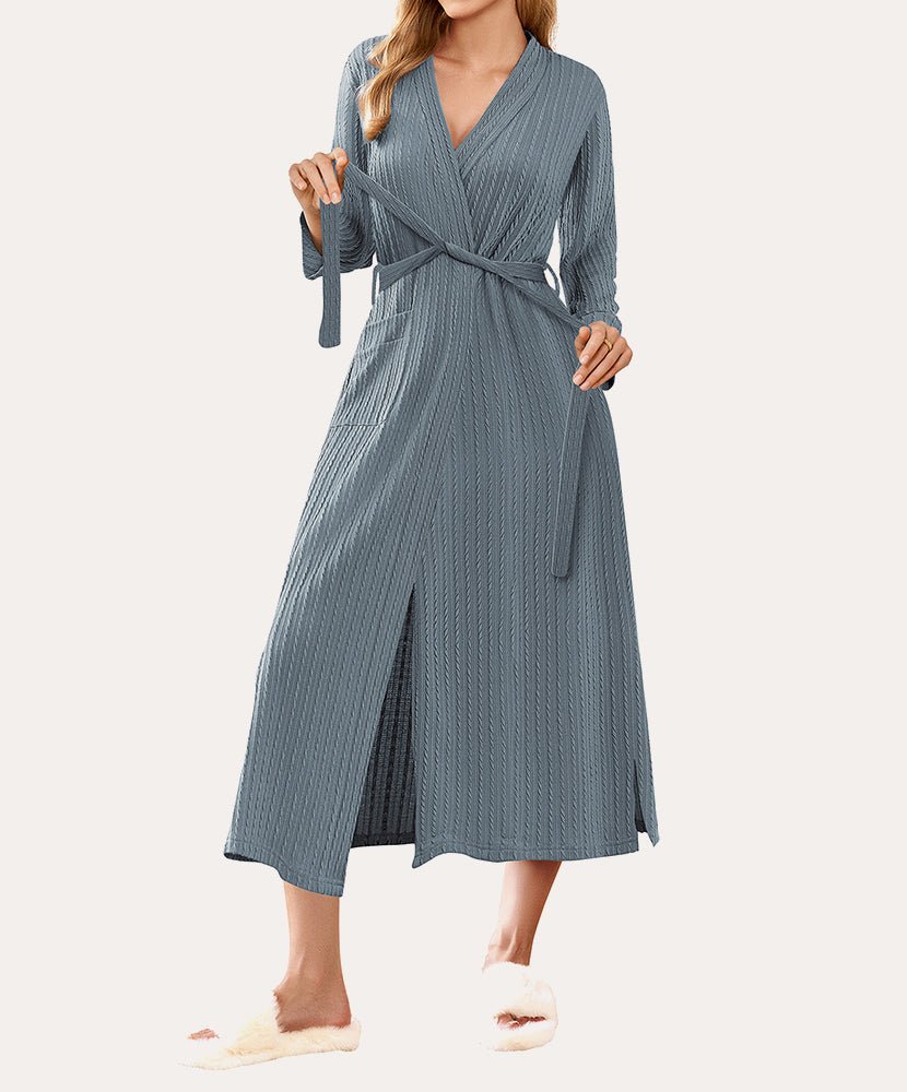 Lightweight long waffle robe, blue-gray, V-neck with waist tie belt and long sleeves.