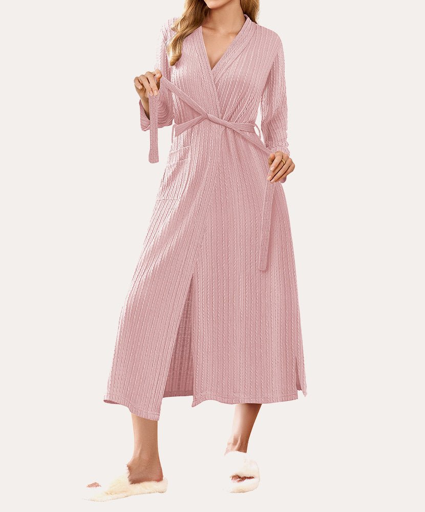 Lightweight long waffle robe in light pink with V-neck and tie belt
