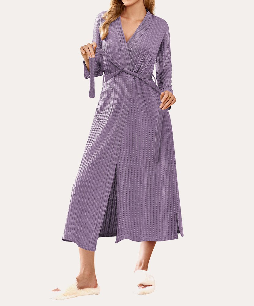 Lightweight long waffle robe in purple with V-neck and tie belt