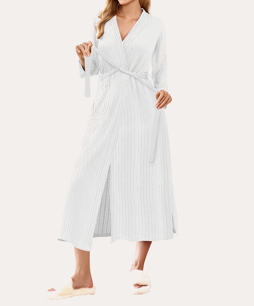 Lightweight long waffle robe in white with V-neck and tie belt