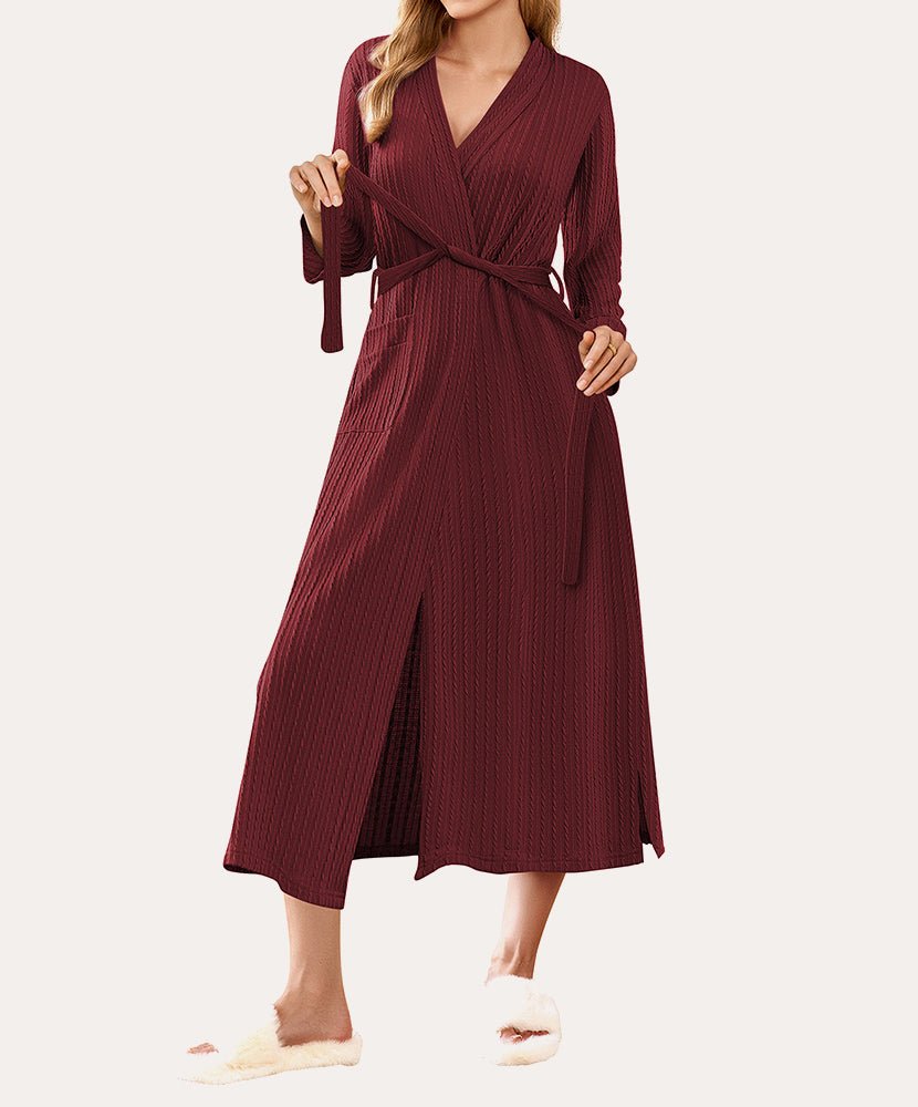 Lightweight long waffle robe in wine red with V-neck and tie belt