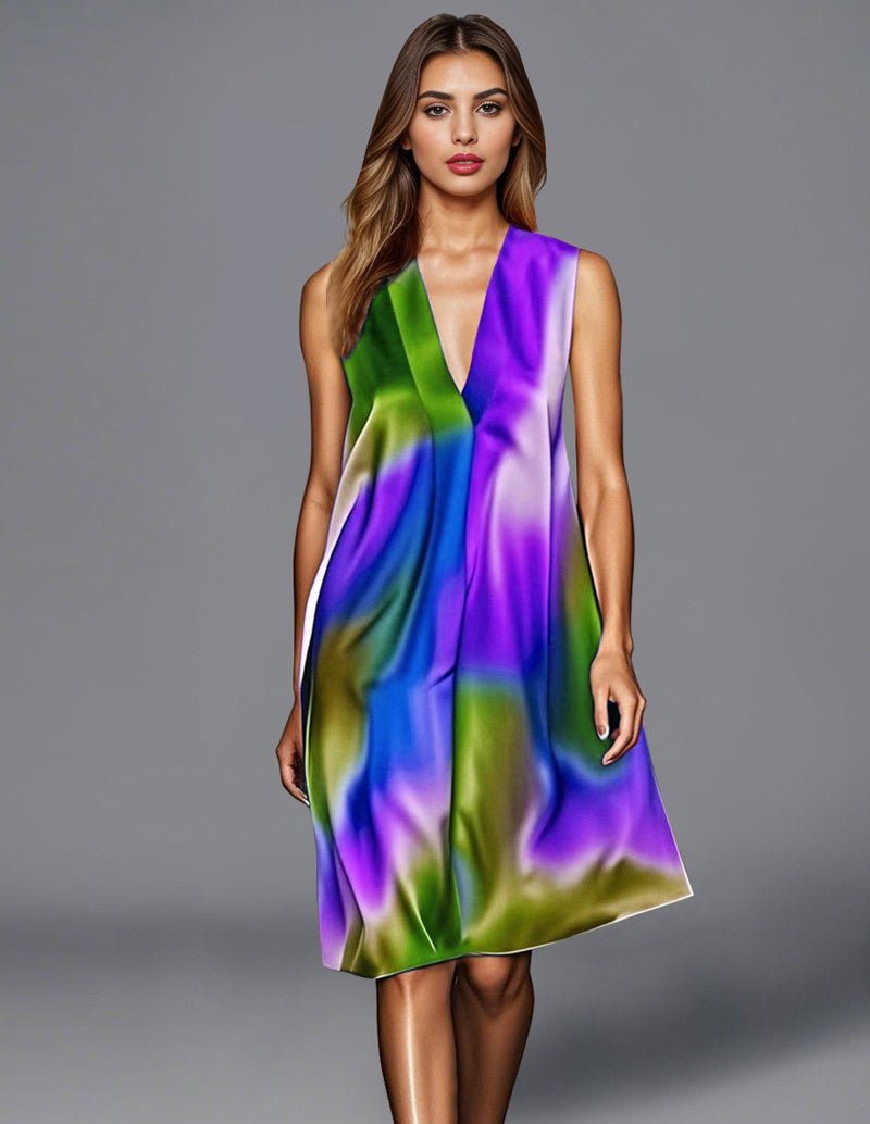 Purple-green tie dye satin dress, sleeveless V-neck, knee-length A-line skirt