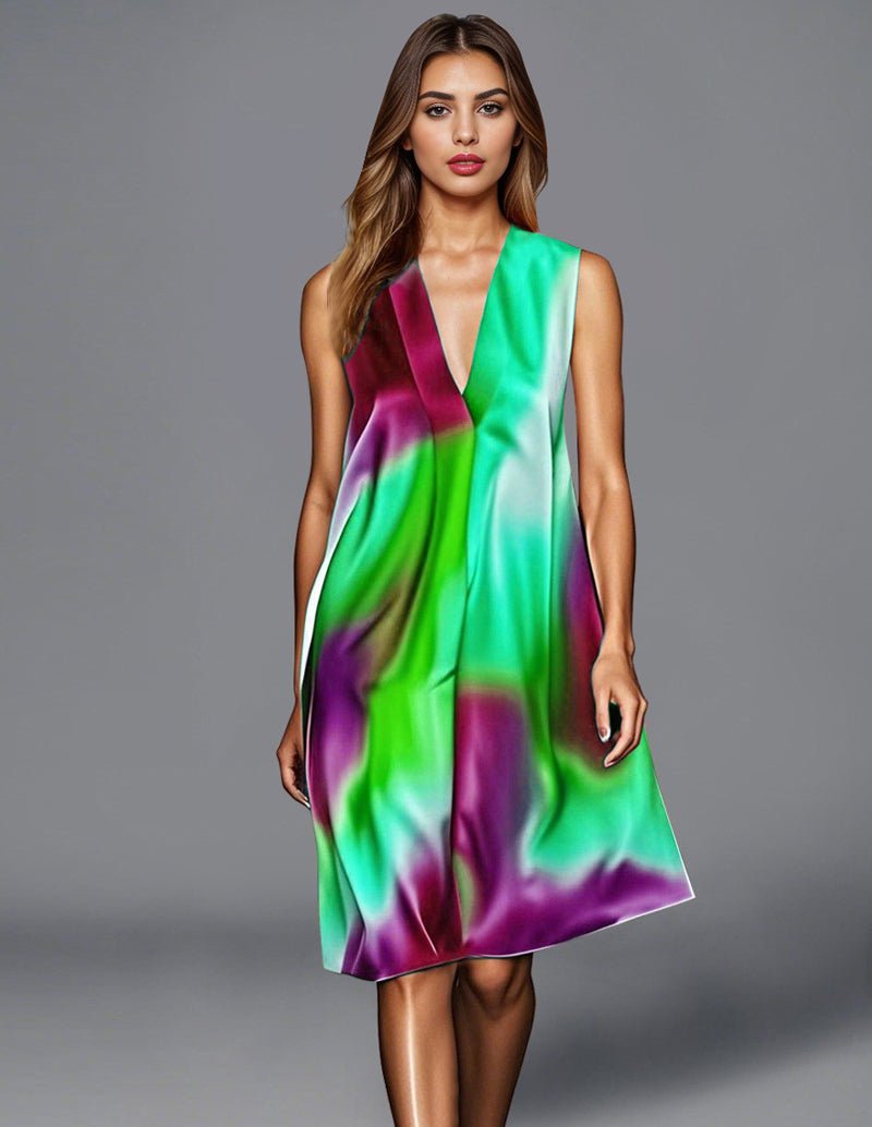 Green-purple tie dye satin dress, sleeveless V-neck, knee-length A-line skirt