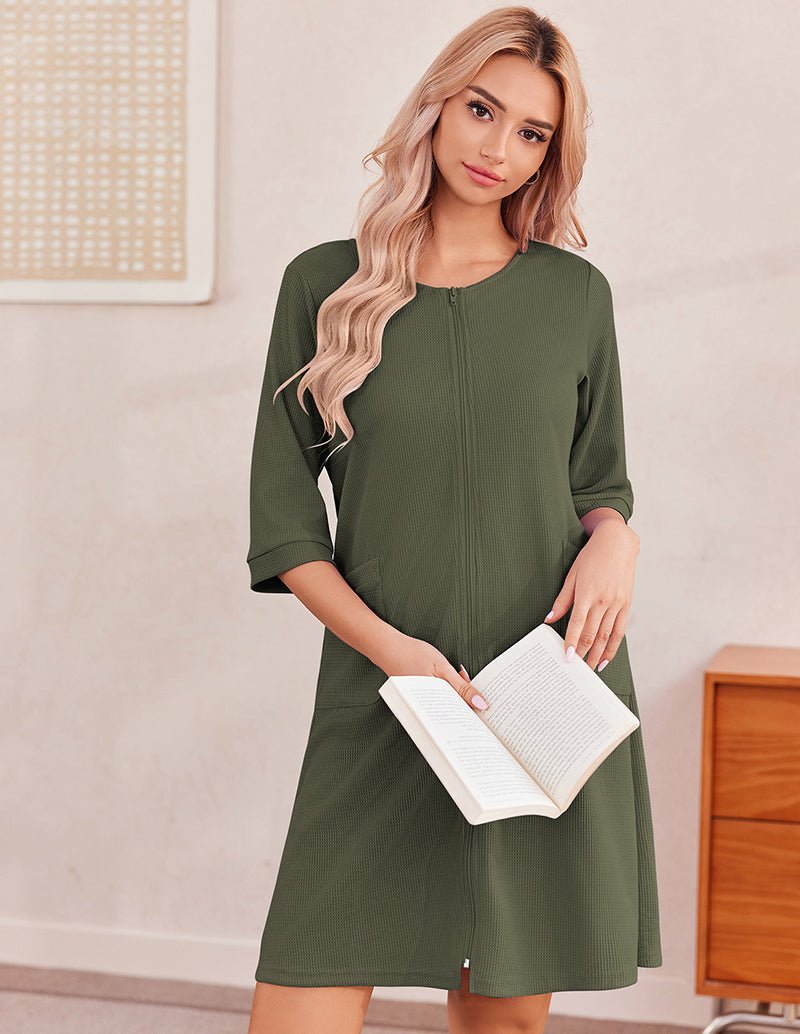Lightweight Waffle Zip Up Robes Dress (US Only)