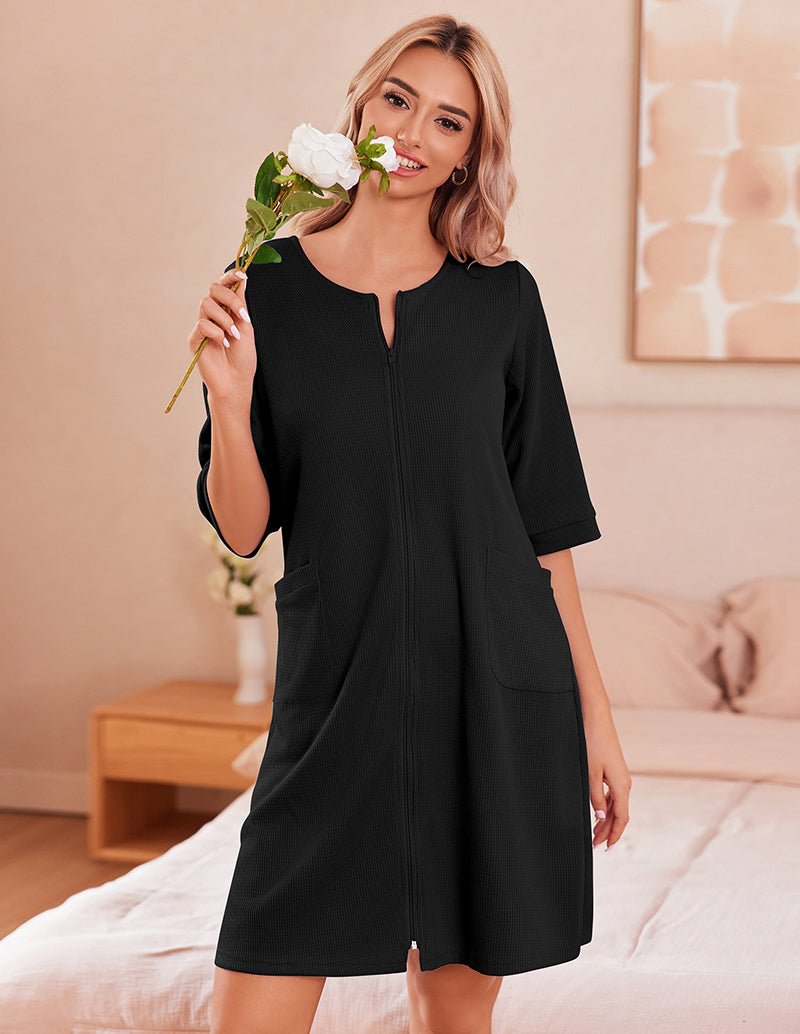 Lightweight Waffle Zip Up Robes Dress (US Only)