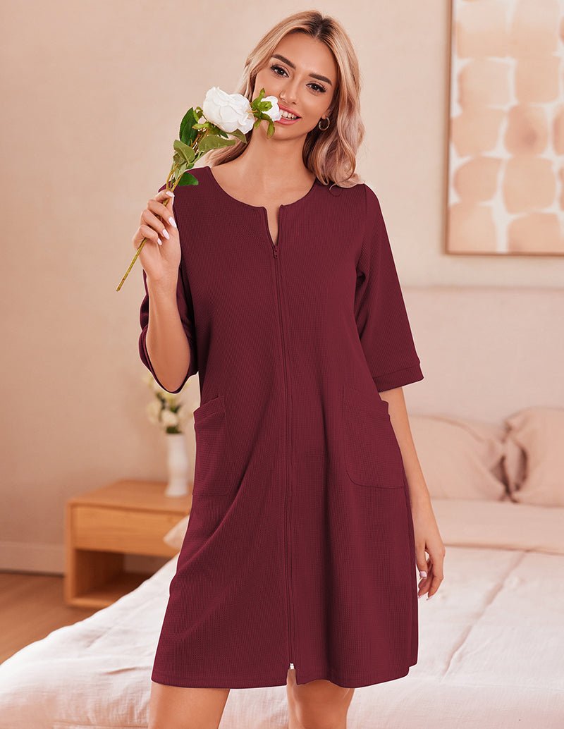 Lightweight Waffle Zip Up Robes Dress (US Only)