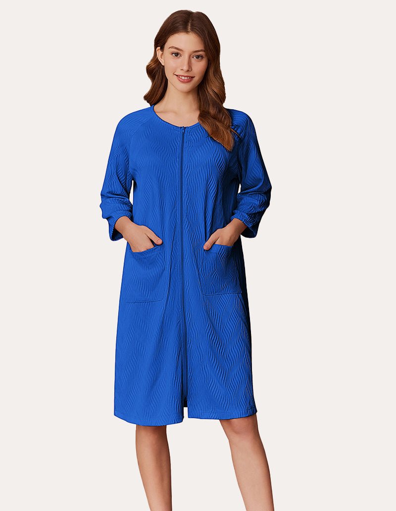 Lightweight zipper ribbed knit robe, bright blue, front zipper and patch pockets