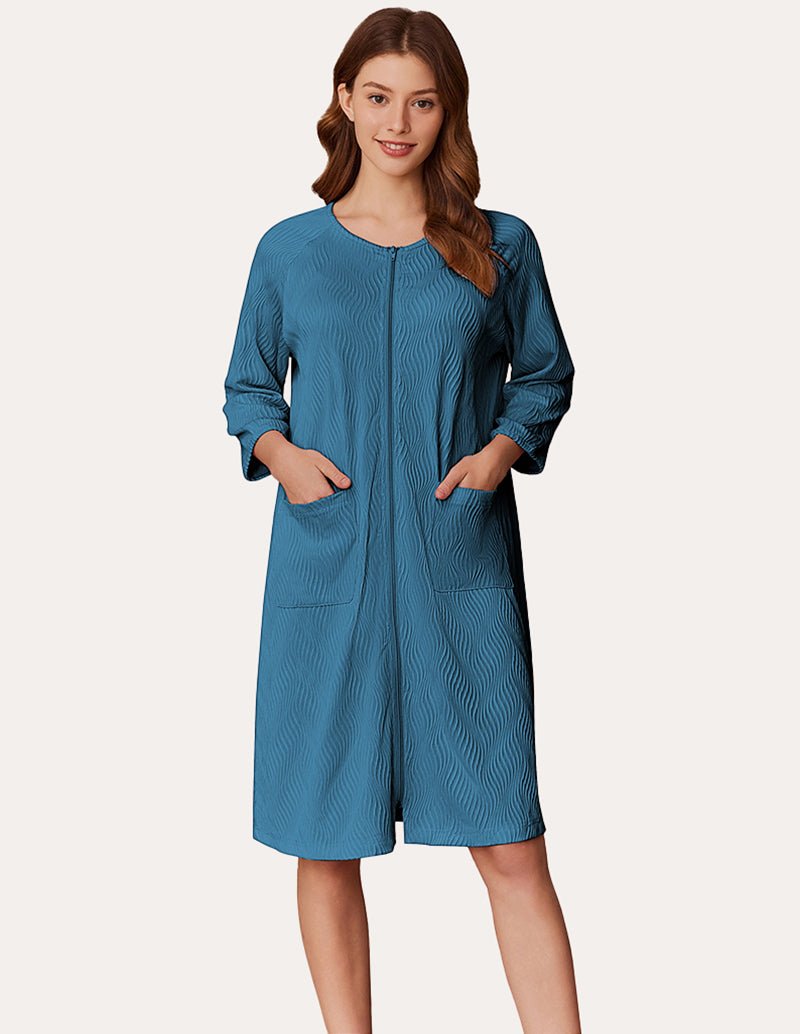 Lightweight zipper ribbed knit robe, teal blue, front zipper and patch pockets