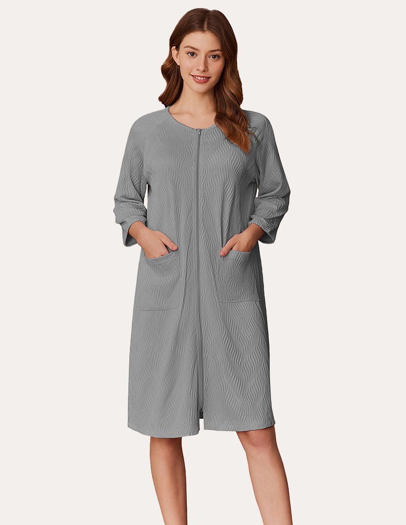 Lightweight zipper ribbed knit robe, grey, front zipper and patch pockets
