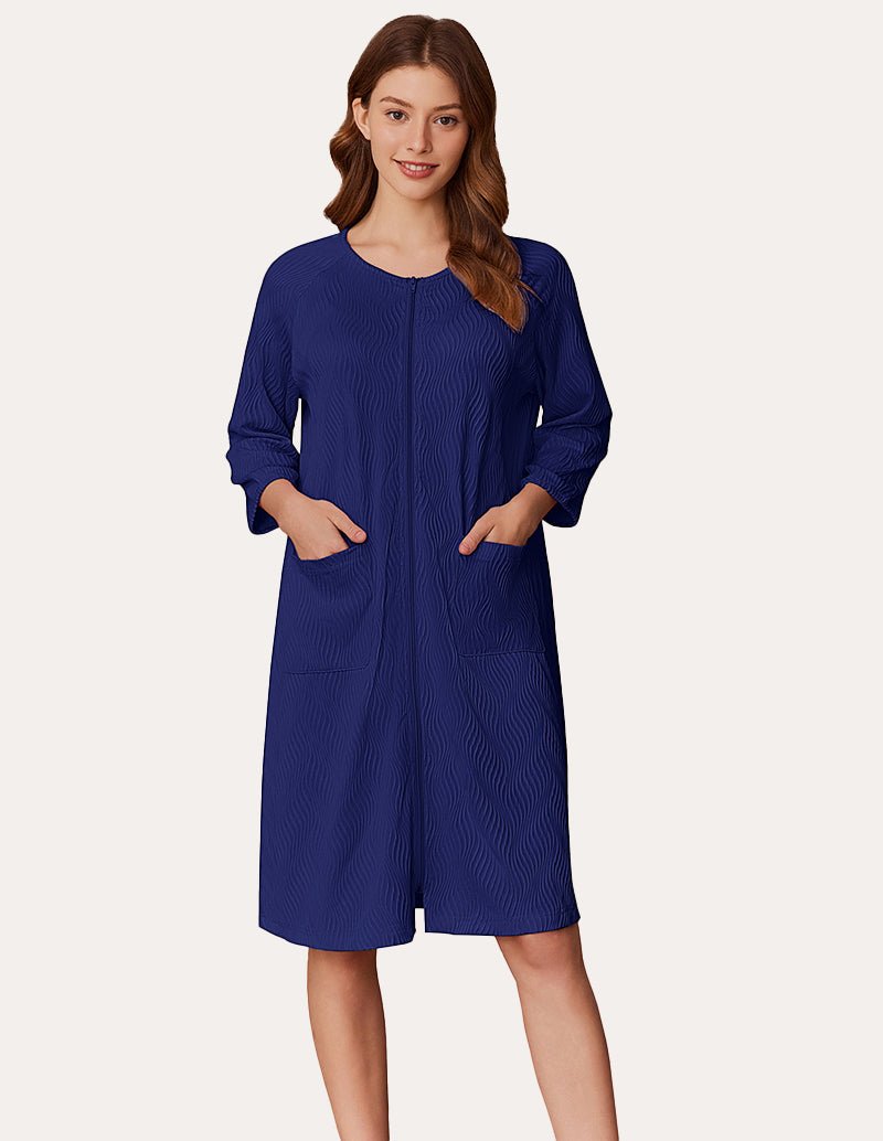 Lightweight zipper ribbed knit robe, navy blue, front zipper and patch pockets