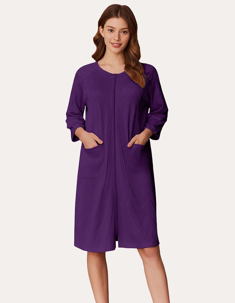 Lightweight zipper ribbed knit robe, purple, front zipper and patch pockets