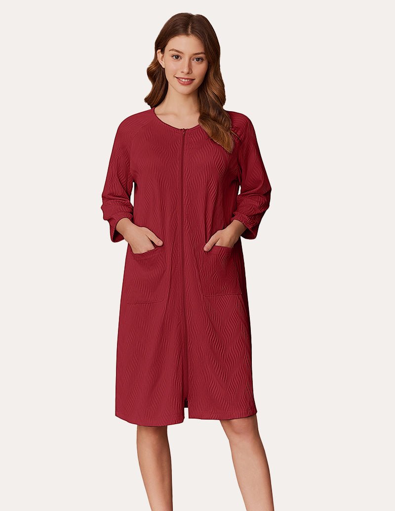 Lightweight zipper ribbed knit robe, wine red, front zipper and patch pockets