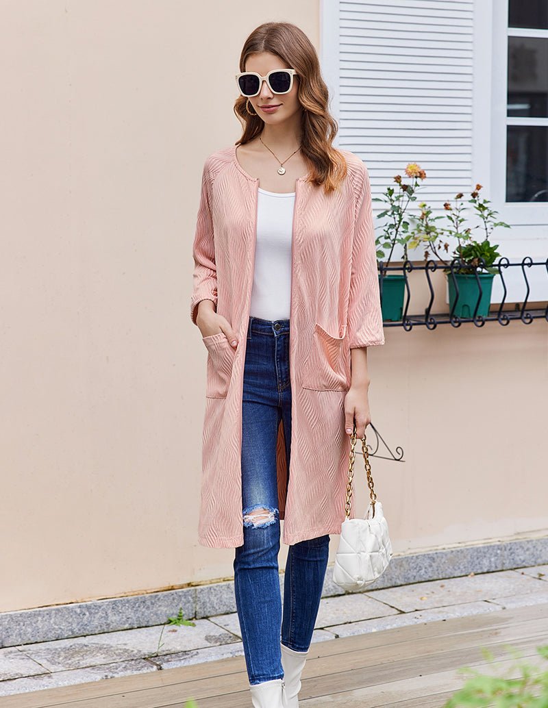 Lightweight zipper ribbed knit robe, light pink, unzipped front, long sleeves
