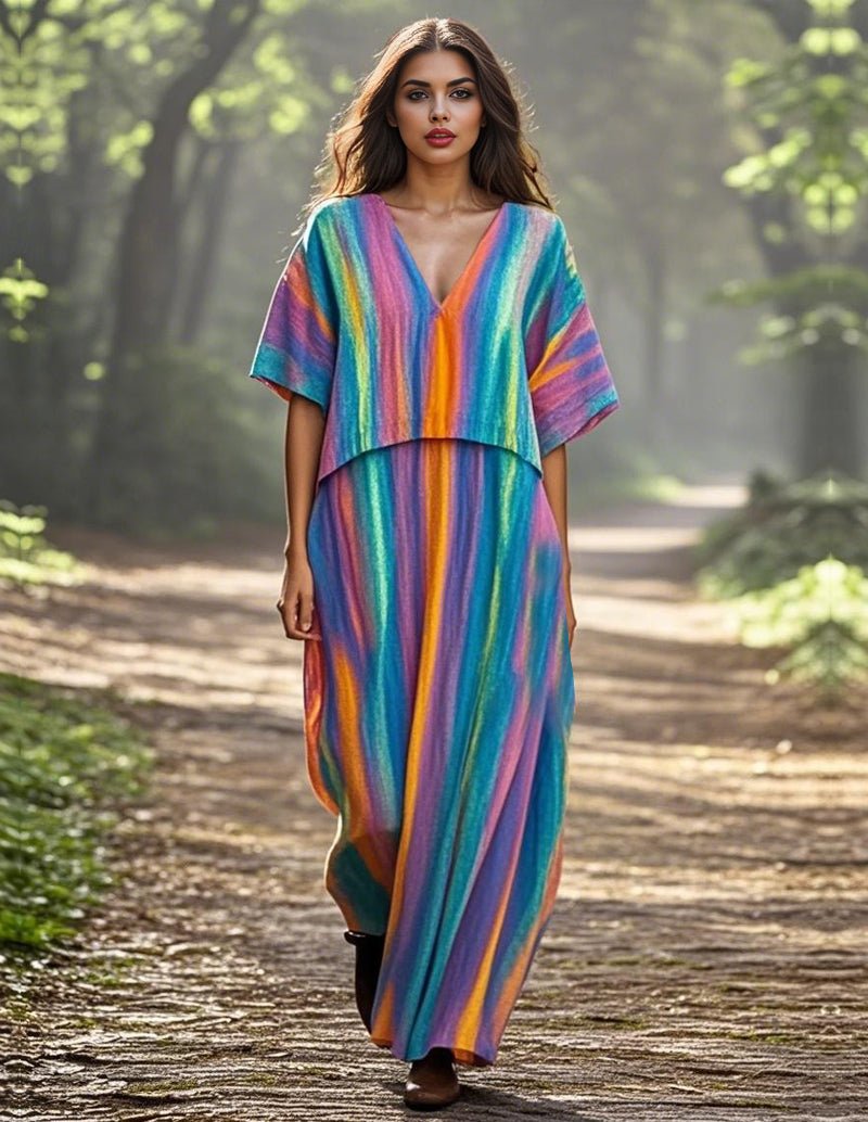 Linen-style rainbow striped maxi dress with V-neck and short sleeves, tiered flow