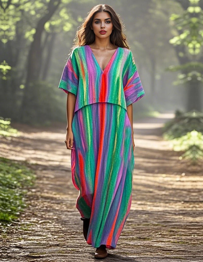 Linen-style rainbow striped maxi dress with V-neckline and short sleeves, relaxed fit