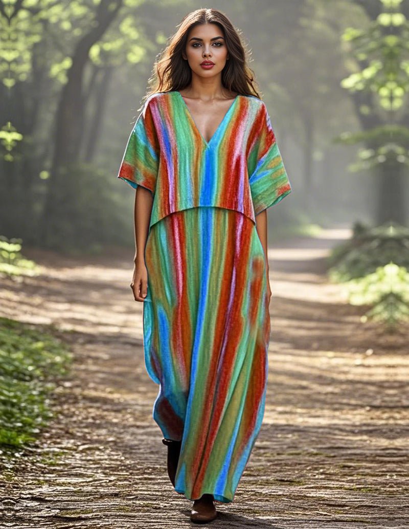 Linen-style rainbow striped maxi dress with V-neck and short sleeves, long flowing hem