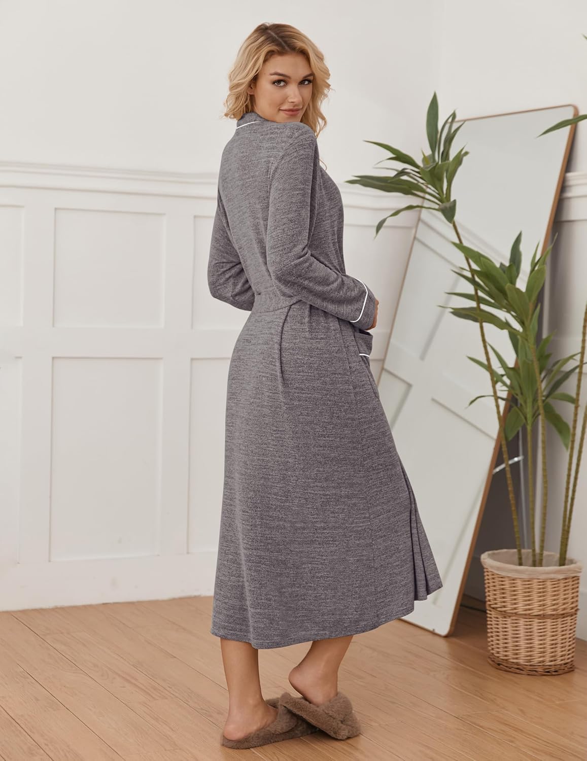 Gray long bathrobe kimono style, soft knit, V-neck and tie belt, contrast trim accents