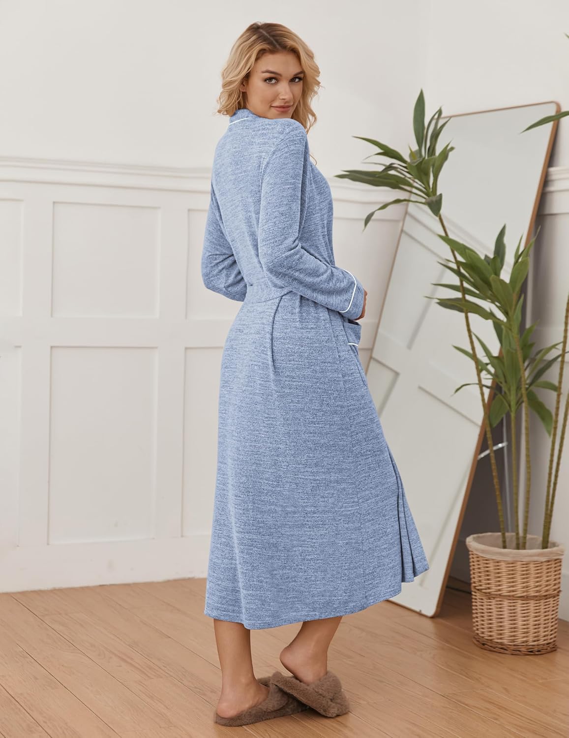Light blue long soft knit kimono bathrobe with tie belt and side pocket detail
