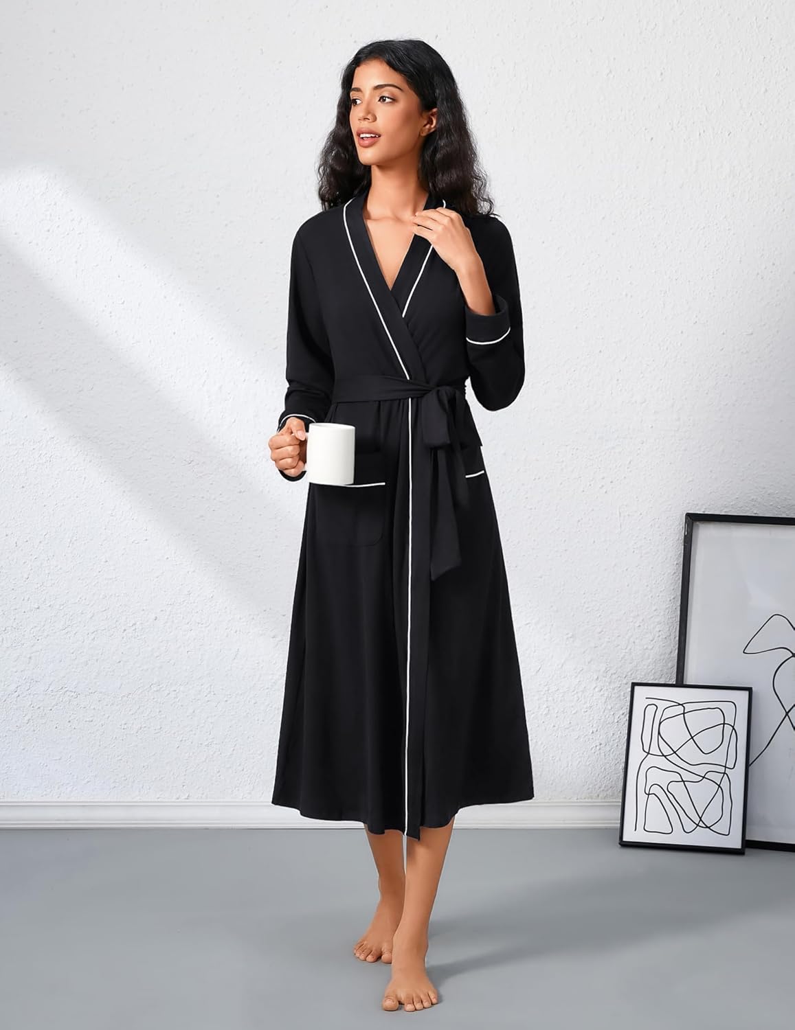 Black long kimono robe with tie waist and V-neck, white contrast piping, mid-calf length
