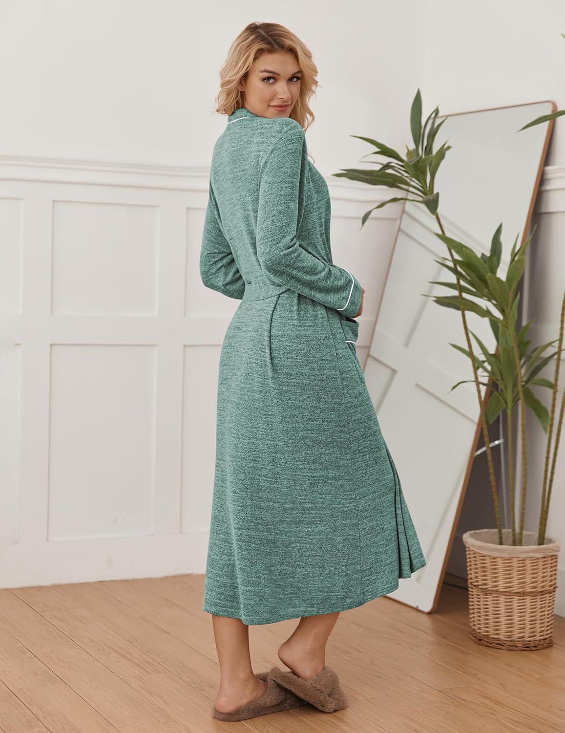 Green long bathrobe kimono, soft knit fabric, tie waist, V-neck, contrast trim detail