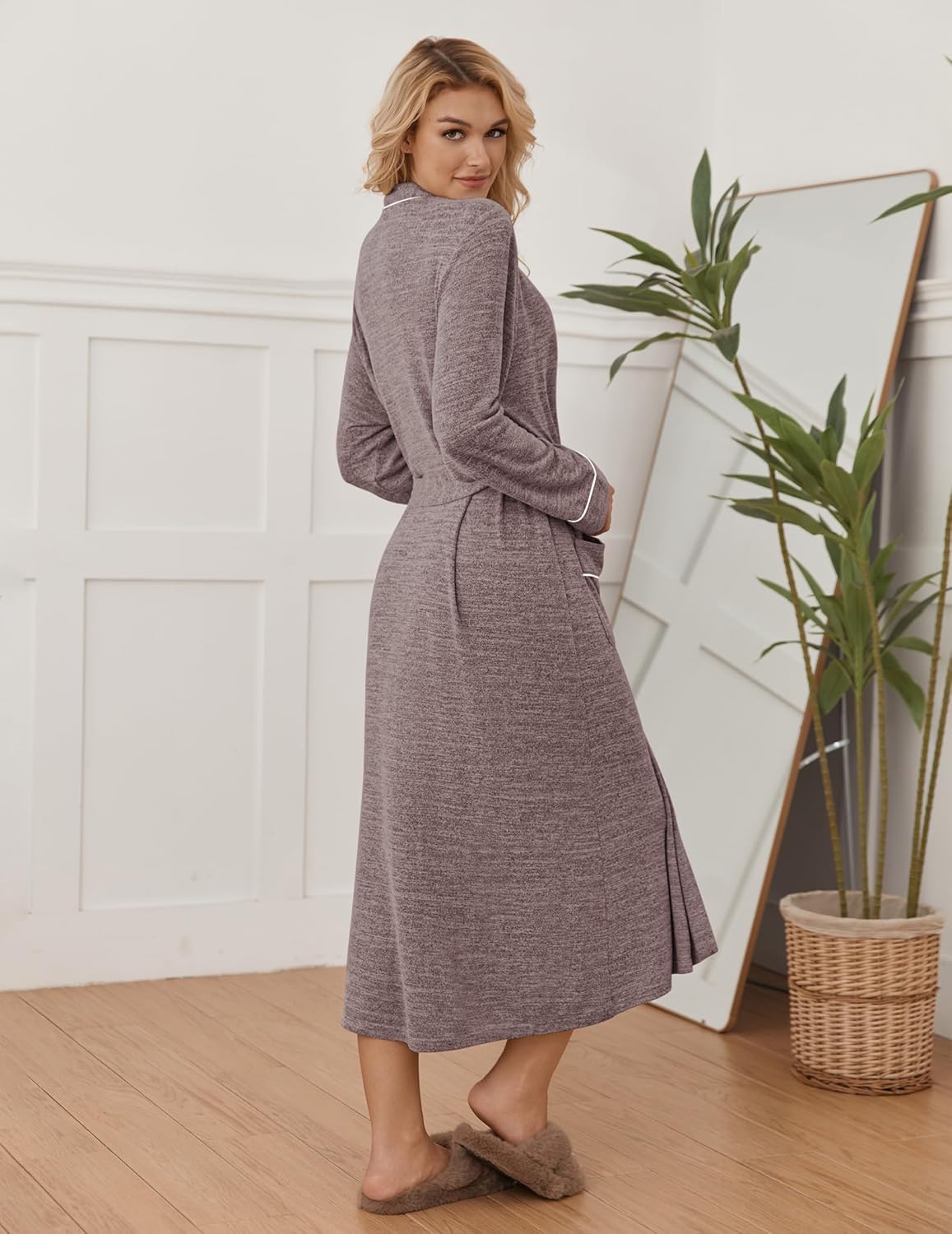 Dark grey long kimono bathrobe with tie waist and side pocket, soft knit fabric