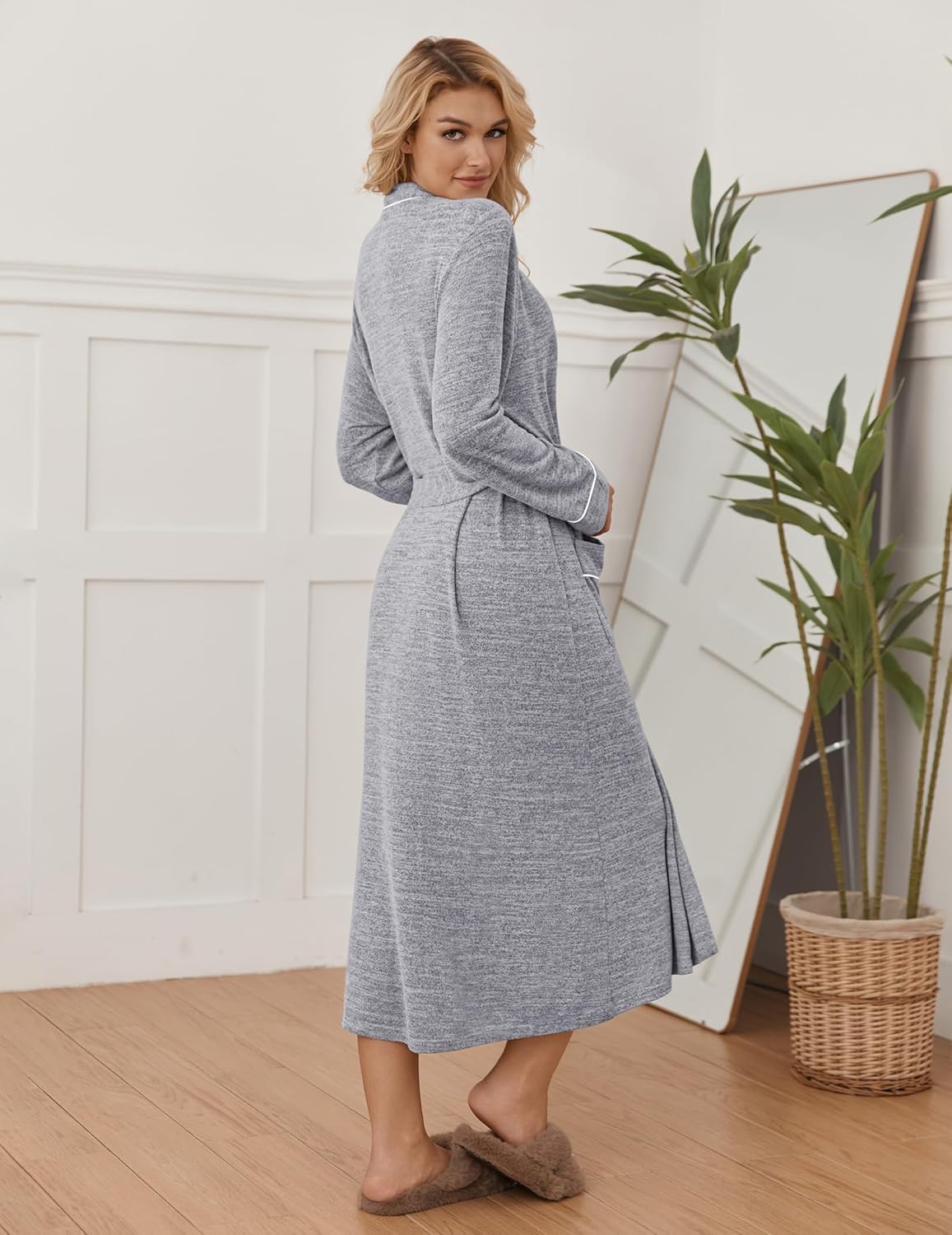 Long heather gray kimono bathrobe with tie waist, contrast trim, long sleeves.