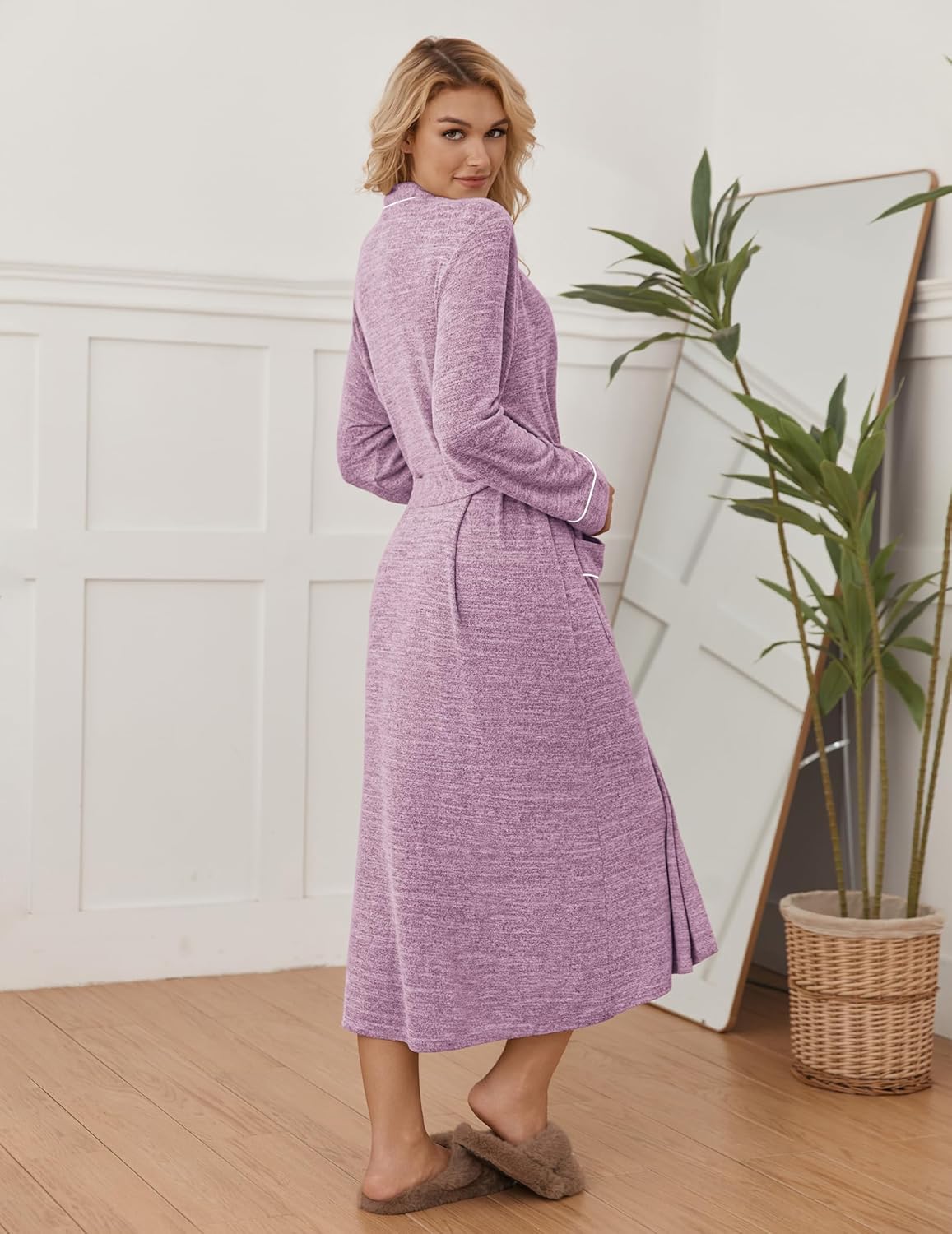 Purple-pink long kimono robe, soft knit, V-neck with tie belt, white contrast trim lines