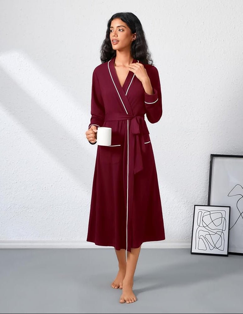 Long wine-red soft knit kimono robe with tie waist and contrast trim, long sleeves.