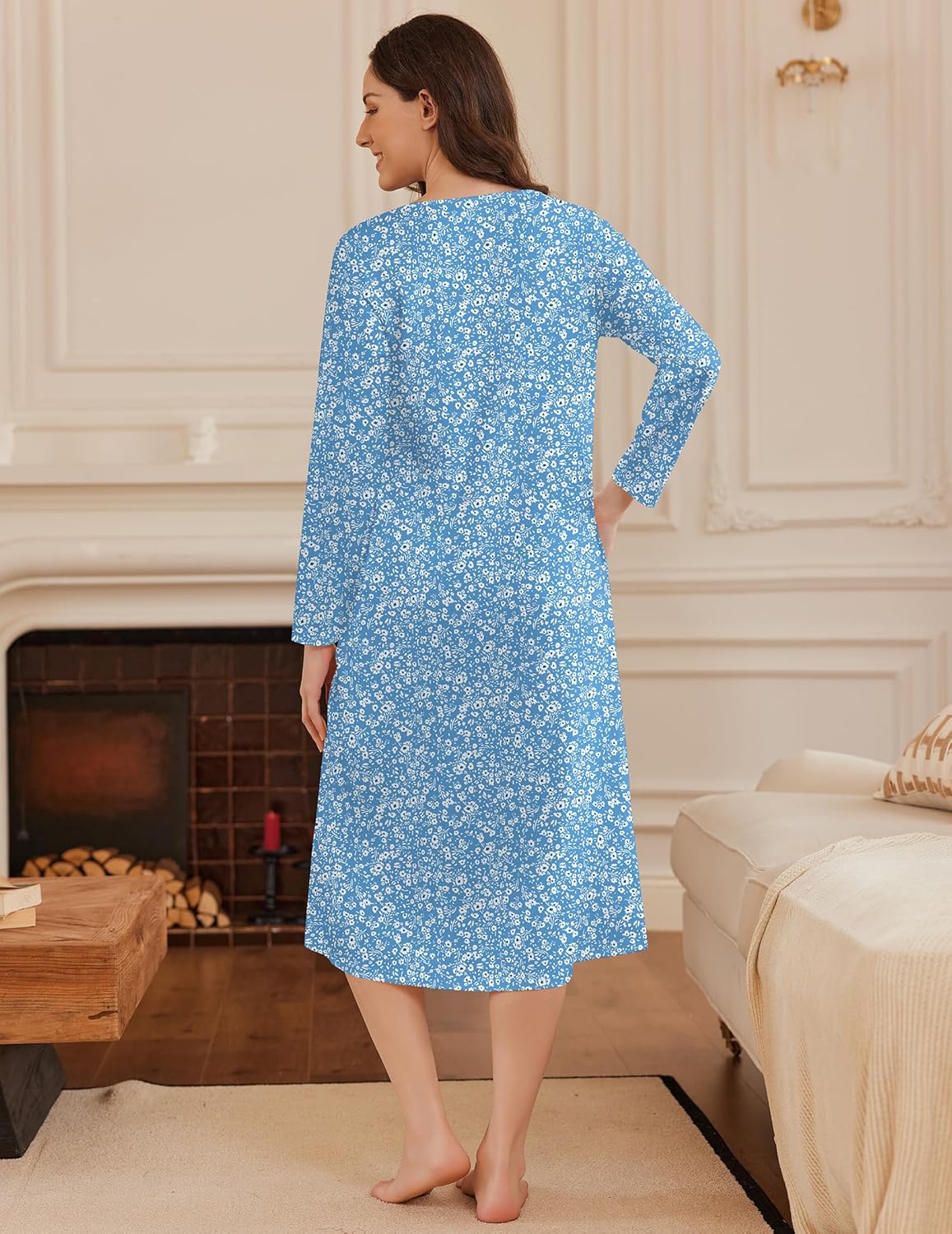 Back view of blue floral long-sleeve button nightgown, full length
