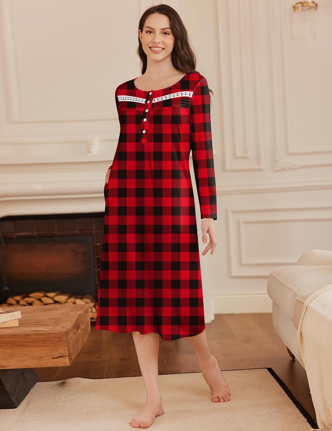 Long button nightgown, full-length red and black plaid pattern