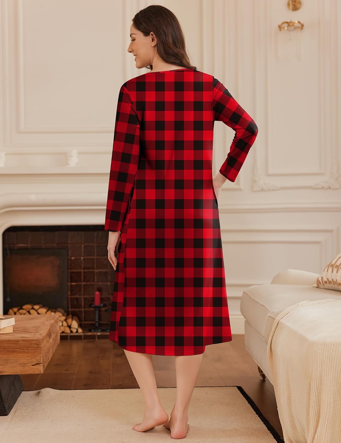 Long button nightgown, full-length red and black plaid, back view