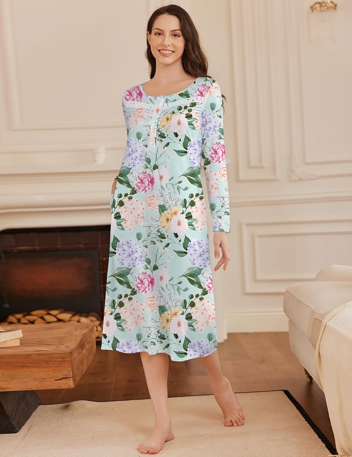 Light aqua floral long-sleeve button nightgown with colorful blossoms, full length