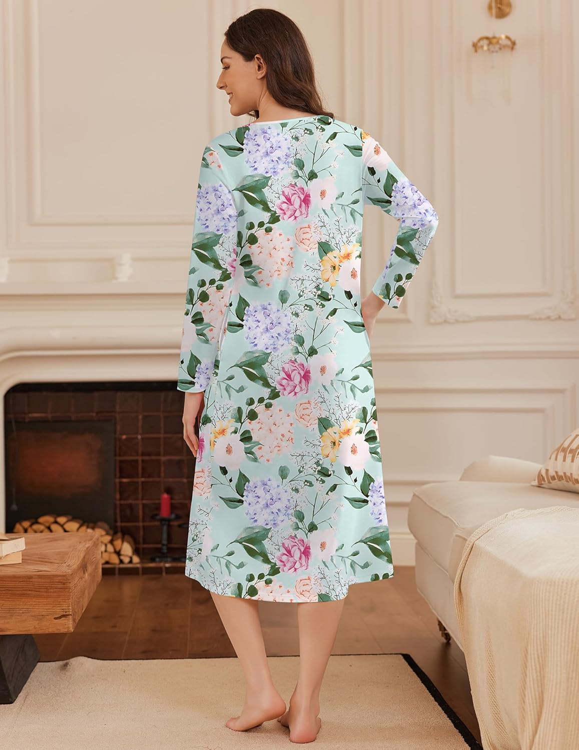 Back view light aqua floral long-sleeve button nightgown with green leaves
