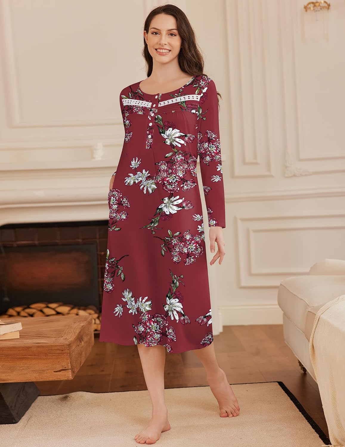 Long button nightgown, full-length burgundy floral print