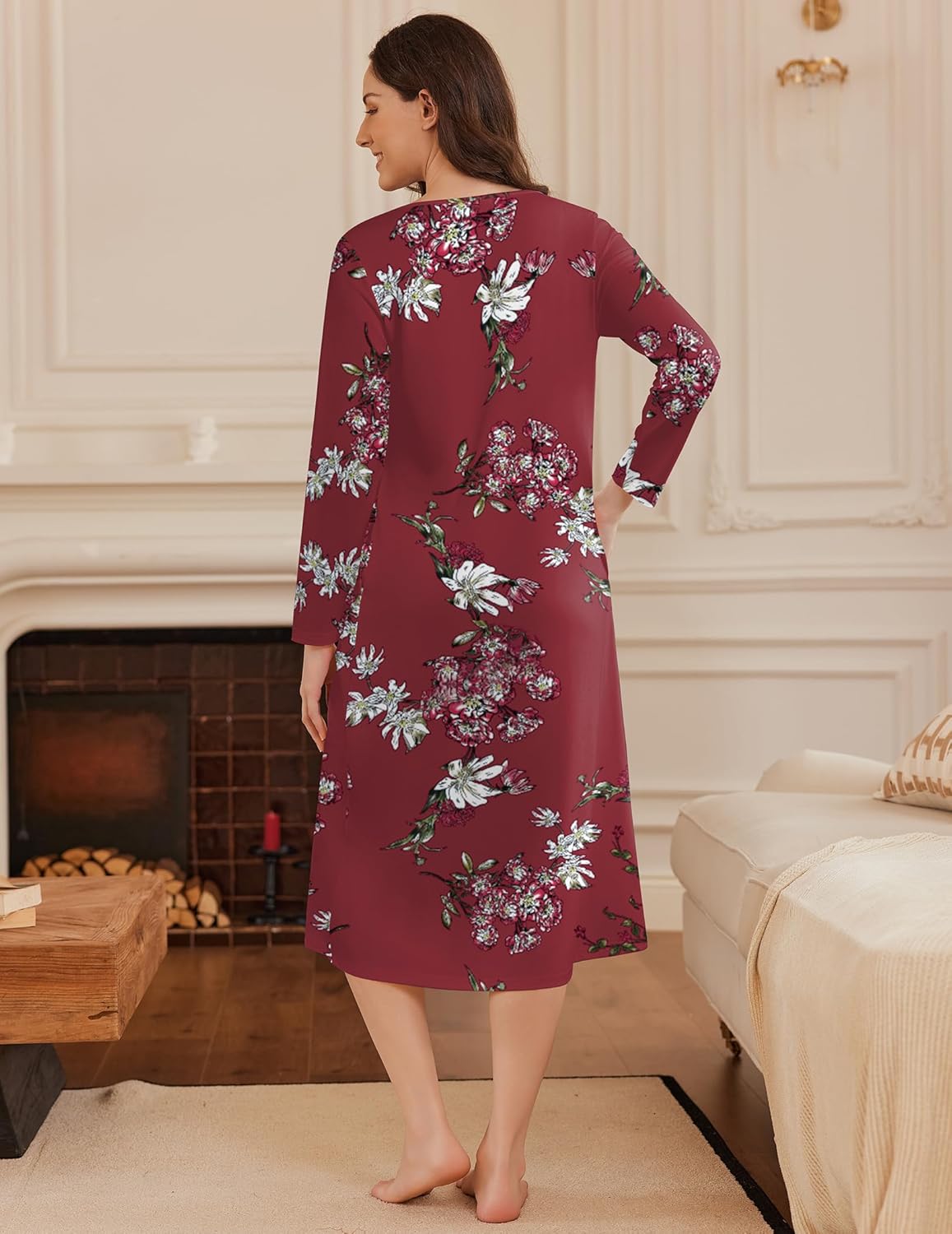 Long button nightgown, full-length burgundy floral, back view