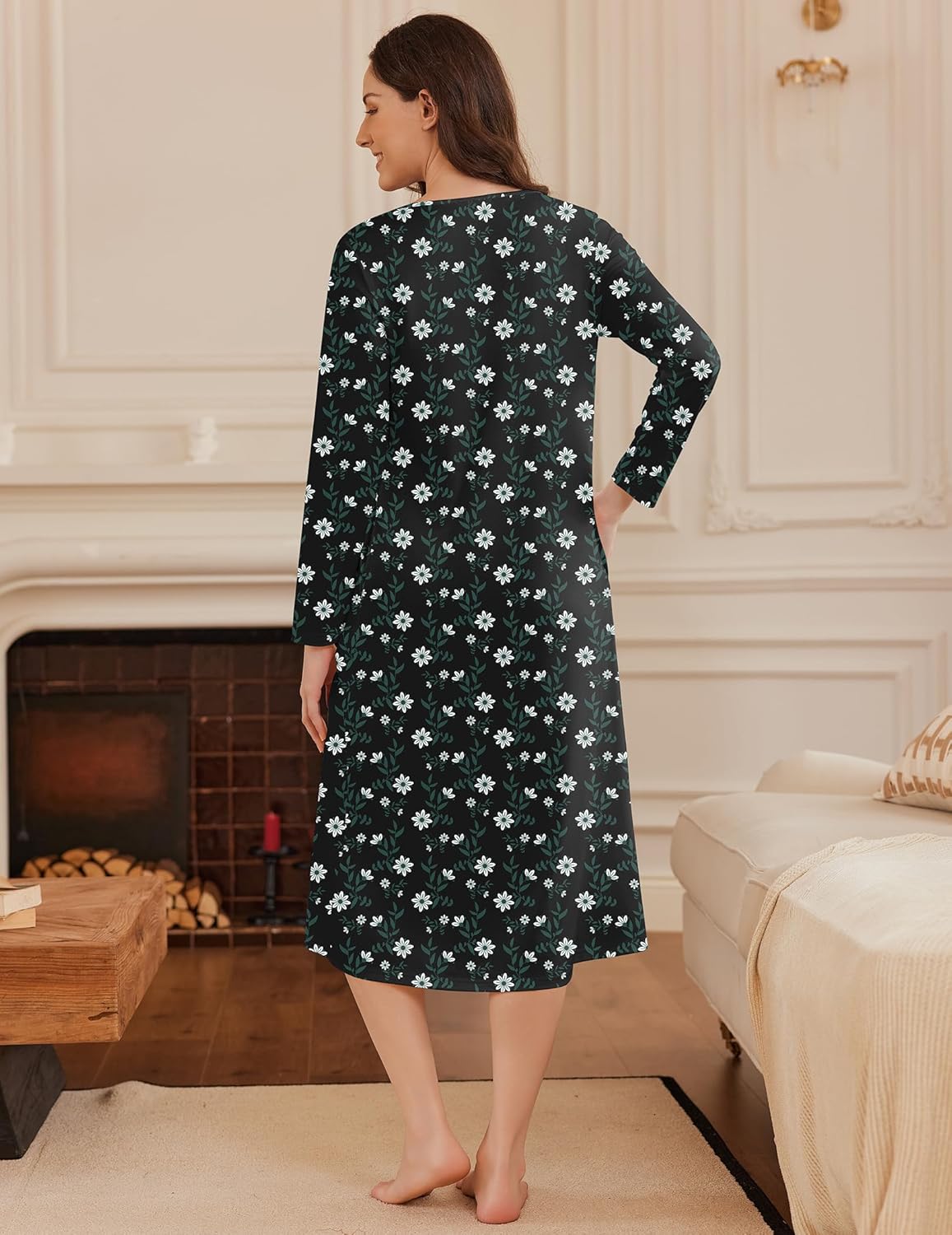 Back view black floral long-sleeve button nightgown with white daisies