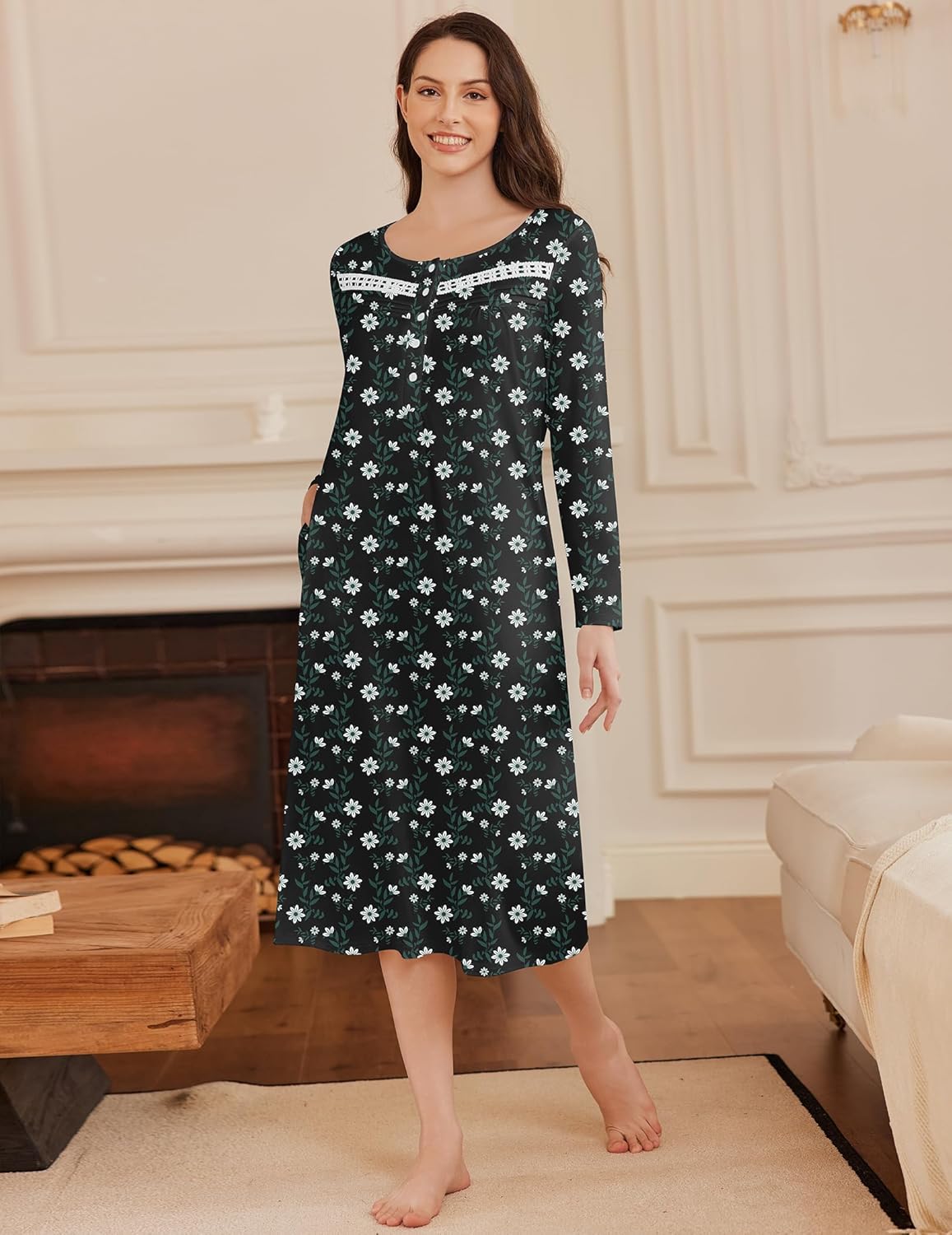 Black floral long-sleeve button nightgown with white daisy print, full length