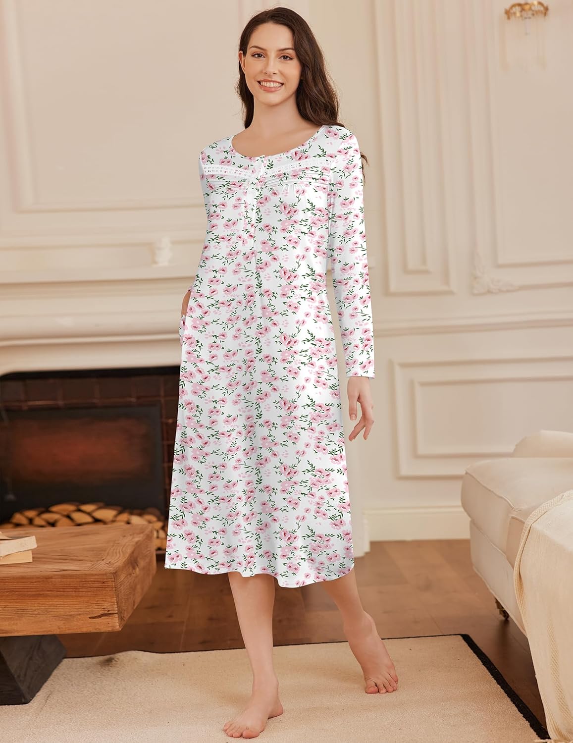 White/pink floral long-sleeve button nightgown, full-length hem
