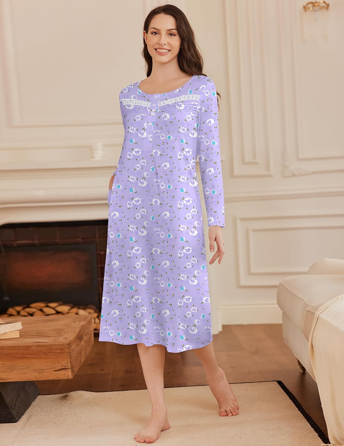 Long button nightgown, full-length lavender floral print