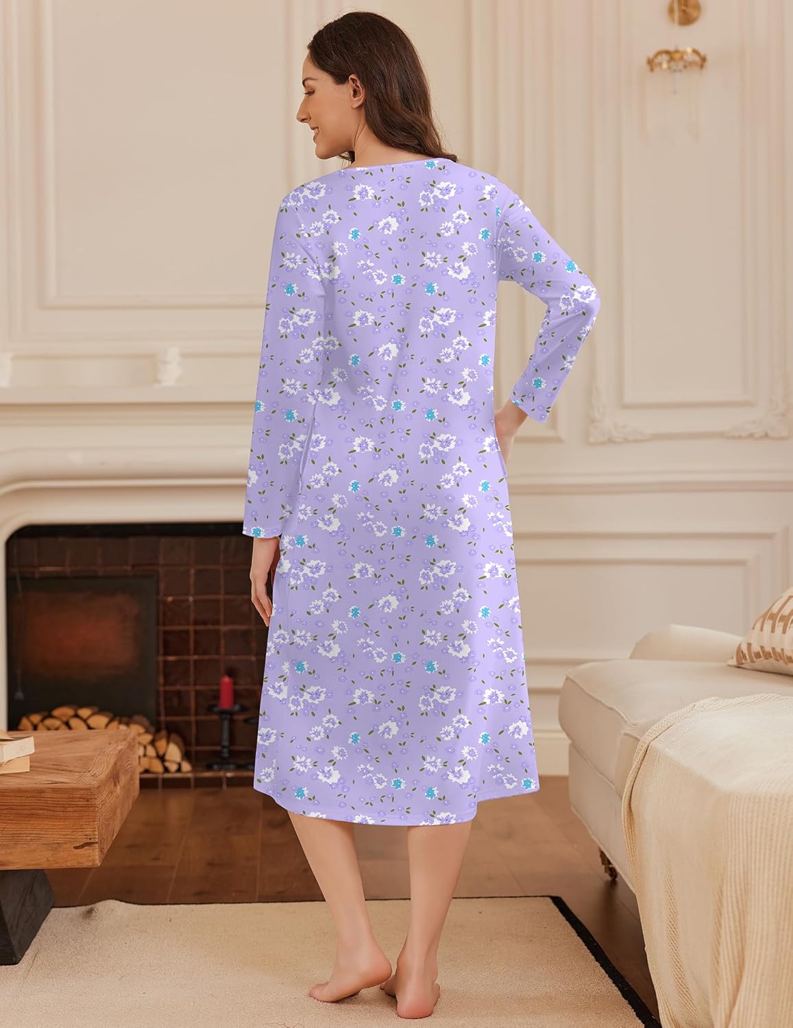 Long button nightgown, full-length lavender floral, back view