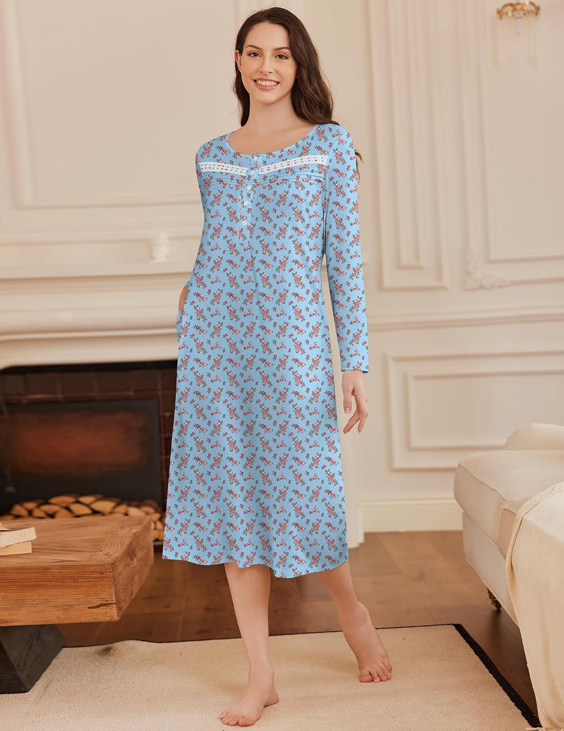 Long button nightgown, full-length light blue floral pattern